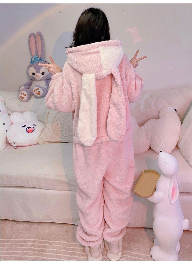 Coral Velvet Onesies Women Cute Rabbit Kigurumi Unicorn Preppy Cartoon Hooded Kawaii Thicker Winter Warm Cotton Pajamas Homewear