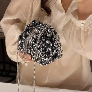 Women's Sequins Glitter Bucket Bag - Pearl Chain Fashion Crossbody Bags, Stylish Evening Clutch Handbag for Party