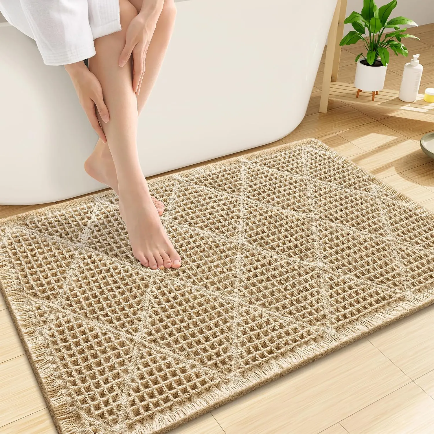 Waffle Bath Mat 30x20, Soft Absorbent Non Slip Bathroom Rug with Tassels, Machine Washable Quick Dry Bath Mat for Bathroom Floor, Tub, Shower,  Decor Accessories, Brown