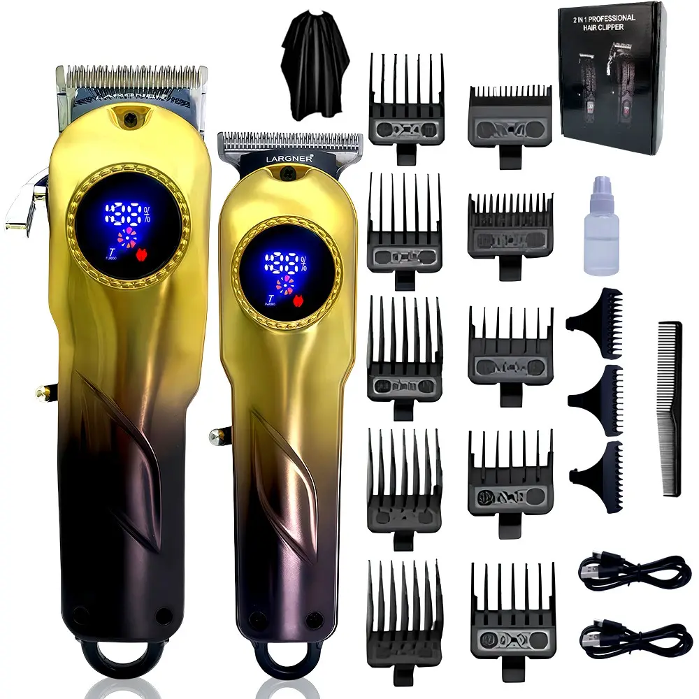LARGNER-Men's Professional Cordless Clippers Set, Barber Kit with Trimmer, Gold Gradient Color, 2-In-1 Hair Cutting Tool