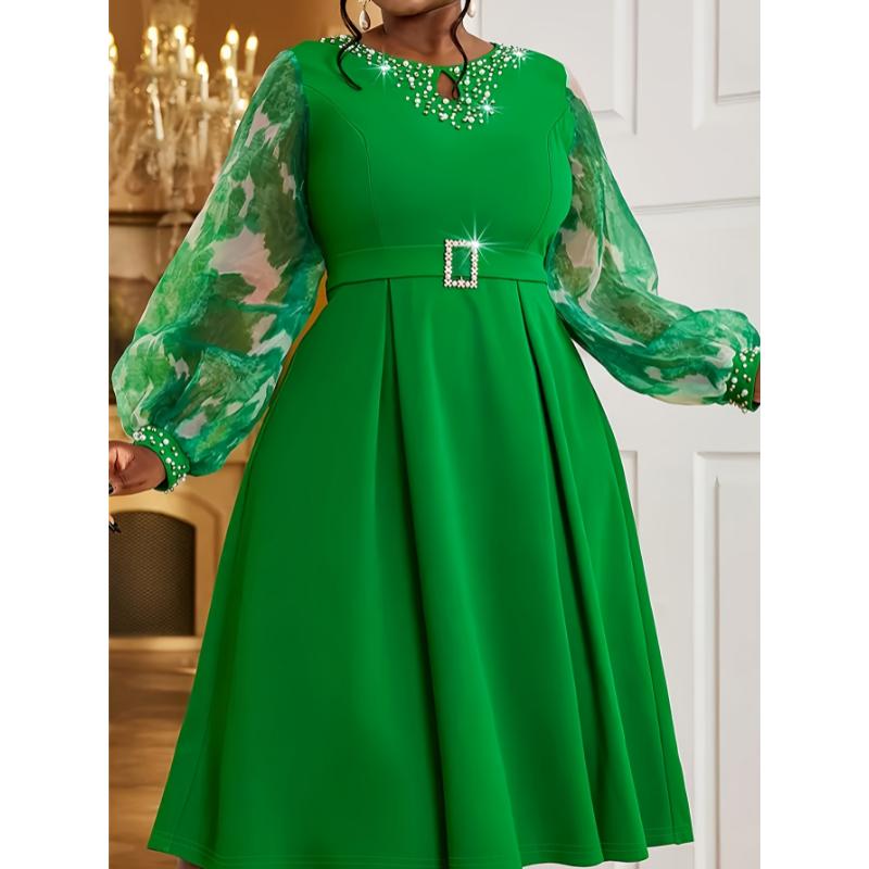 Elegant Emerald Green Beaded Round Neck Long Sleeve Formal Dress VV607860 with Ruching Tie-Dye Detail Machine Washable Polyester for Weddings Galas Parties Womenswear Elegant Emerald Green Beaded Round Neck Long Sleeve Formal Dress VV607860 with Ruching Tie-Dye Detail Machine Washable Polyester for Weddings Galas Parties Womenswear