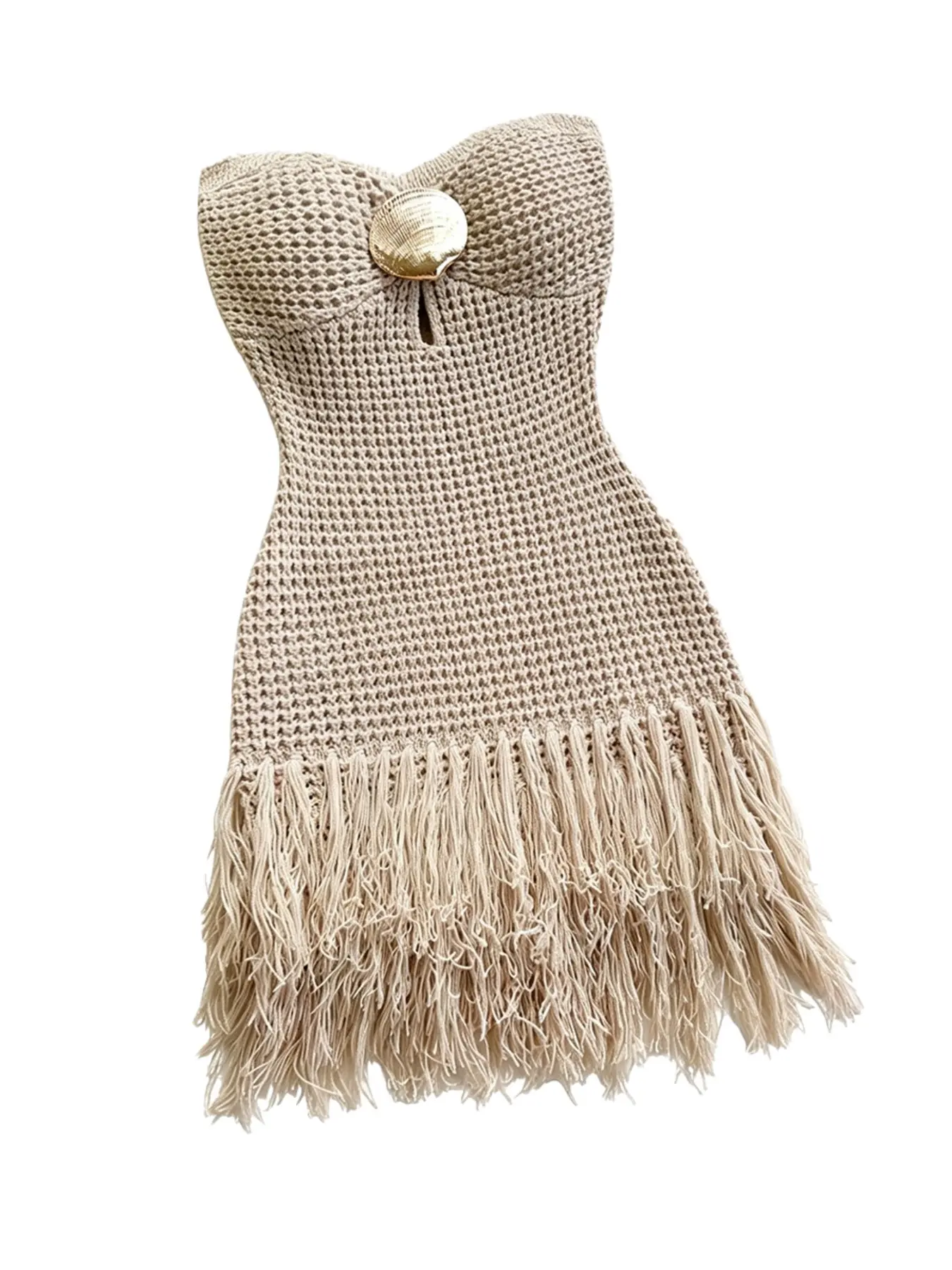 Y2K New Arrival Women's One-Piece Fashion Knit Sweater, Hollow Out Chest Metal Decoration, Fringe Bustier Design, Beach Short Dress, Summer Vacation Style