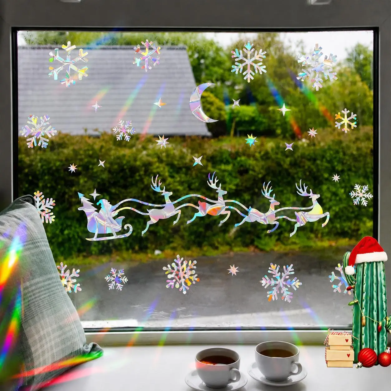 2-Sheet Rainbow Holographic Christmas Static Cling Window Stickers Set - Bird-Safe Anti-Collision Decals with Santa, Reindeer, Sleigh, Moon, Star, Snowflake for Home Winter Holiday Decor