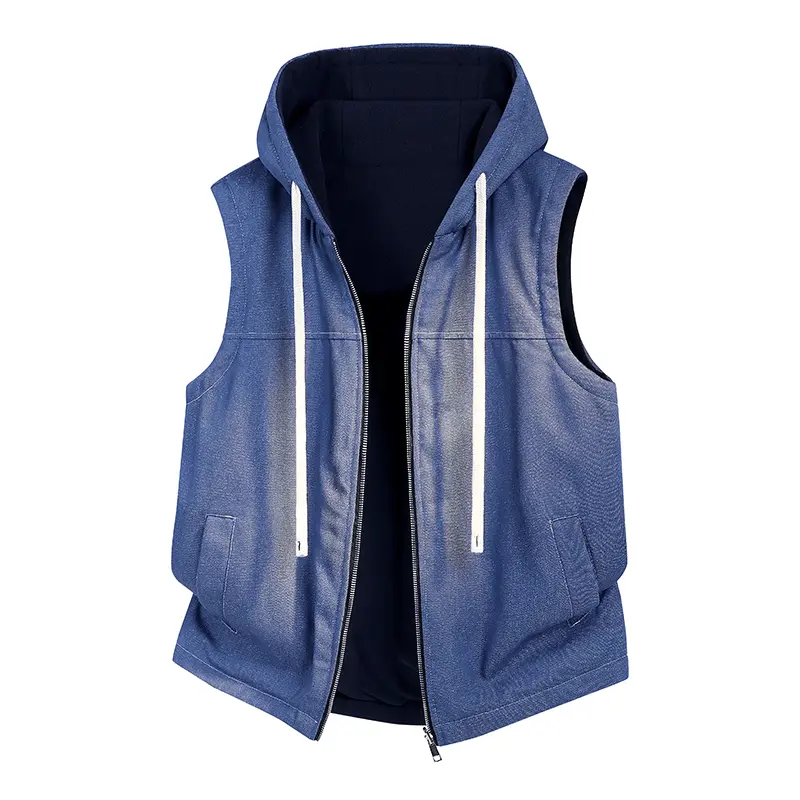 Men's Casual Sleeveless Vest, Reversible Hooded Zip Up Tops with Denim Patch Pockets, Cotton Blend Streetwear Menswear, Reversible Zip, Dual-Side Gilet, Valentines Day, Medium Length, Machine Wash, Polyester, Hooded Neck, Loose, Standard Sizes
