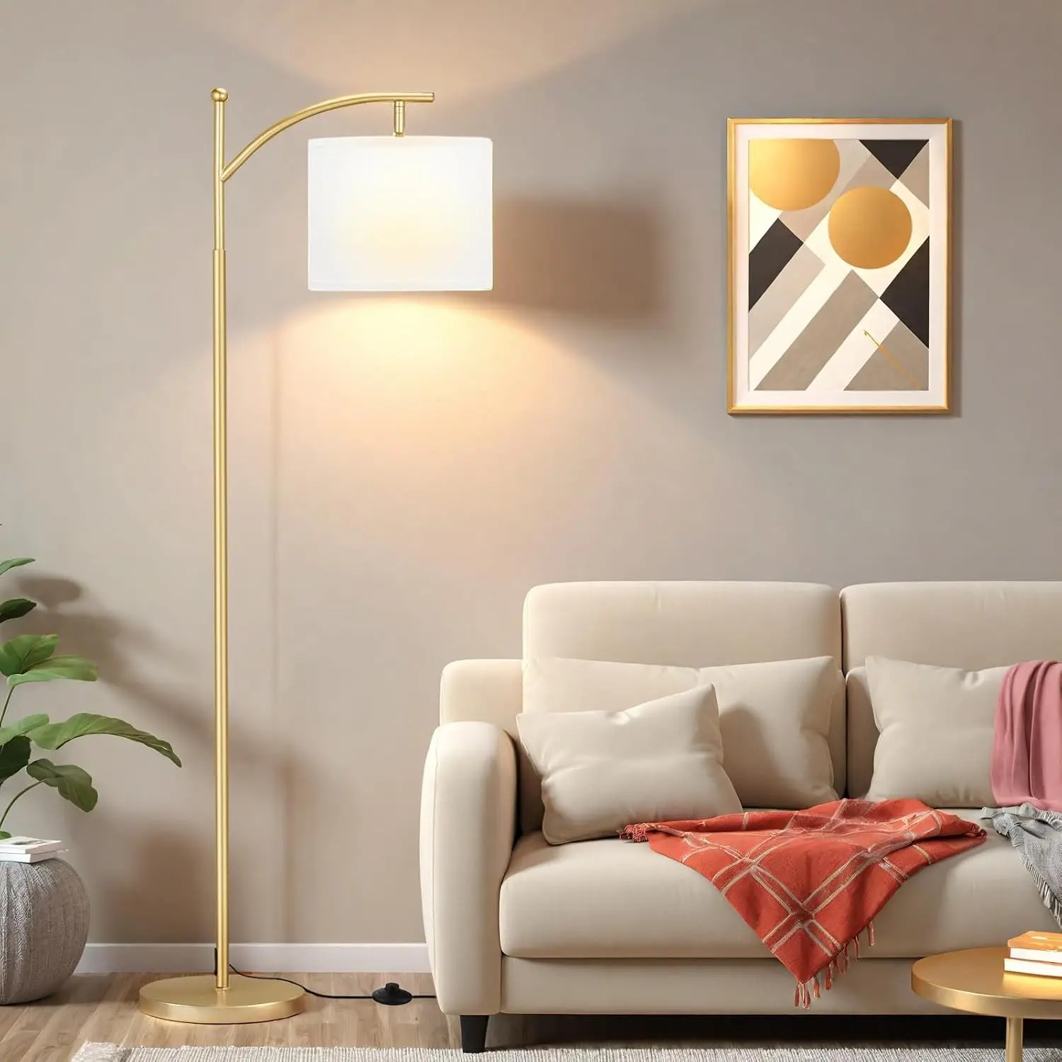 60" Floor Lamp for Living Room with 3 Color Temperatures, Adjustable White Shade with Gold Pole, Tall Lamp for Bedroom Office Classroom Dorm Room, 9W LED Bulb Included