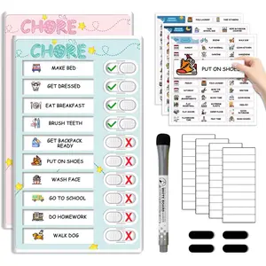 Dry Erase  Chore Chart for 2   and Blue -  Routine Chart with Slider Cute Design Stickers, Morning Bedtime Routine Chart for  Visual Schedule for