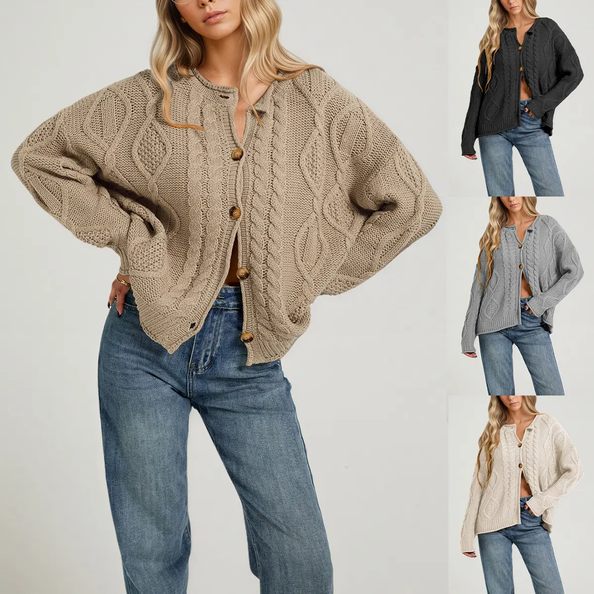 Women's Knitted Medium-Length Solid Plain Cardigan, Long-Sleeve Twist Detail Casual Top