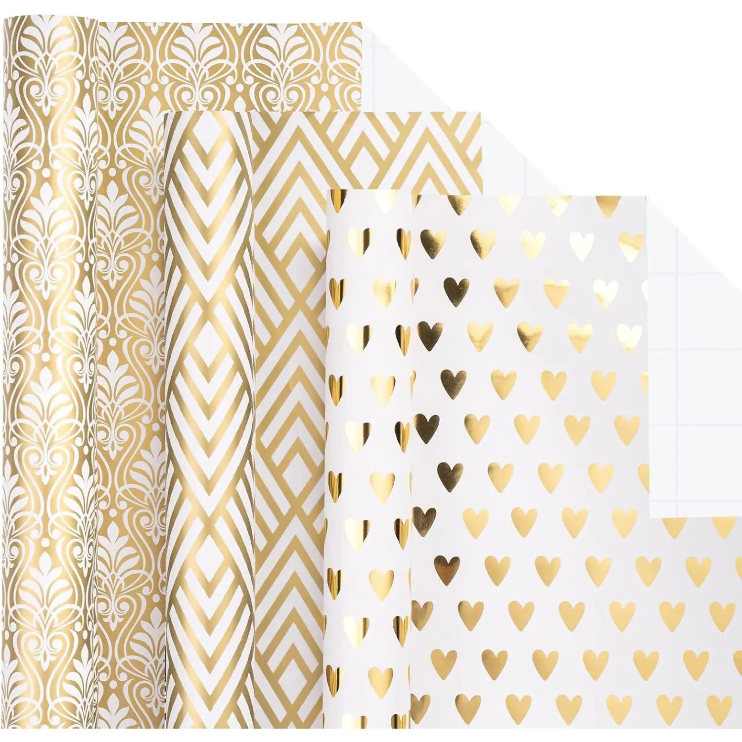 3 Rolls Luxury Metallic Coated Wrapping Paper Roll - Modern Foil Print, Metallic Hearts, Geometric, Floral Designs, 17x120in Office Stationery Wrap Gift Supplies for Wedding, Birthday