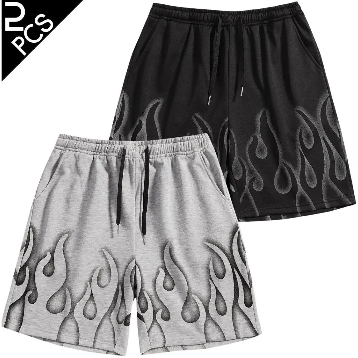 Men's 2-Pack Flame Graphic Drawstring Elastic Waist Sweat Shorts, Y2K Hip Hop Streetwear Short summer cargo men casual cargo short outdoor fitness active pants