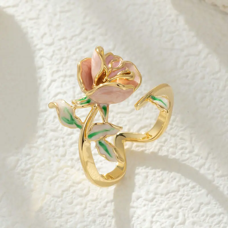 Rose Open Ring for Women, Vintage Floral Garden Design Adjustable Ring with Oil Painting Inspired Style, Elegant Aesthetic Jewelry, Romantic Botanical Statement Ring, Unique Fashion Accessory Gift for Daily Wear, Birthday, Anniversary & Special Occasions