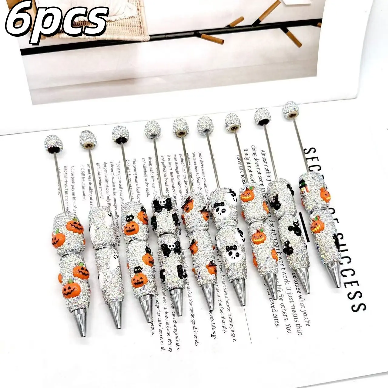 6pcs Halloween Diamond Beaded Pens, DIY Creative Decorative Ballpoint Pens, Perfect Gift Pens, Smooth Writing, Comfortable Grip