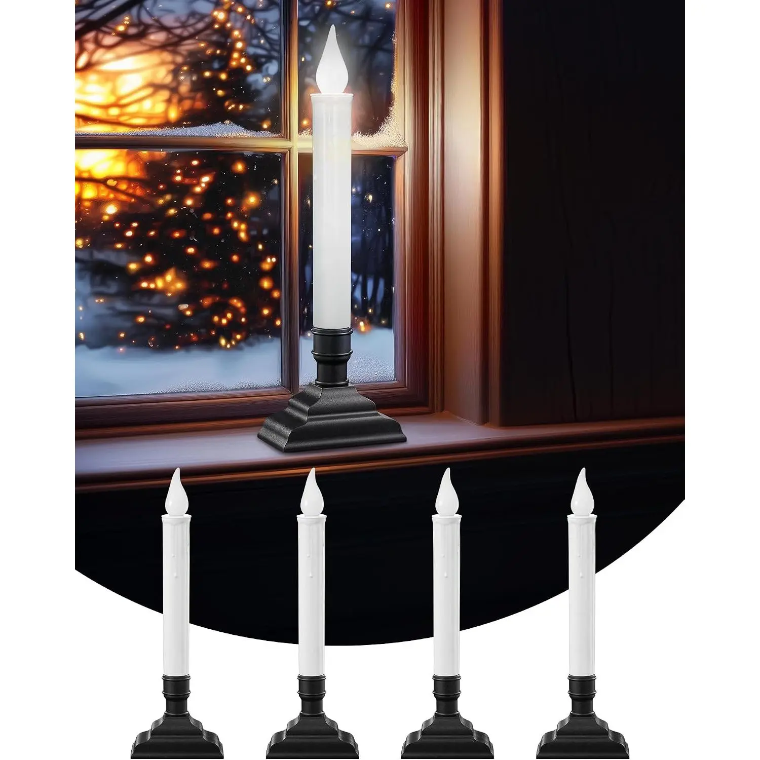 Operated Christmas Window Candles with 6H Timer, Flickering Cool White LED Candles, Window Candle with 1.7‘’ Narrow Base for Windowsill, Mantel, Dining Table, Matte Black, 4-Pack