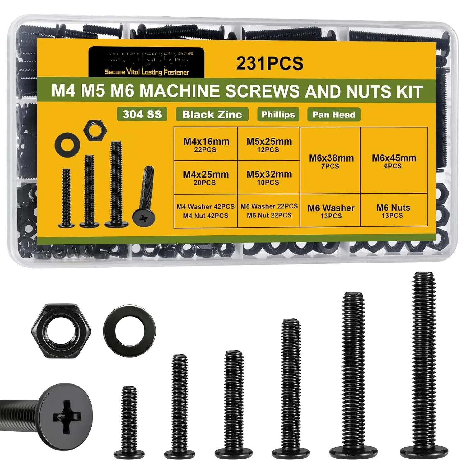 231 count Machine Screws and Nuts  Kit,M4 M5 M6 Phillips Flat Round  304 Stainless Steel Metric Nuts and  Washers Kit Black,for Wall Plate /Furniture Assembly