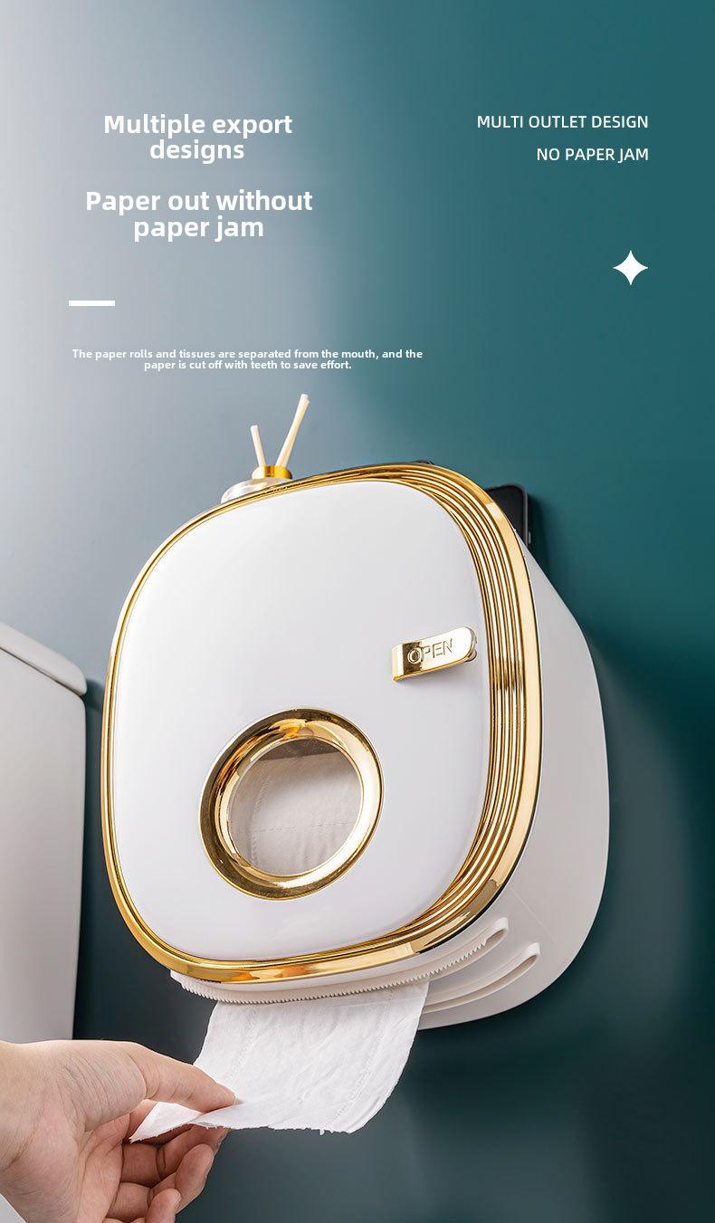 OTEN Large Capacity Double-layer Waterproof Tissue Storage Box Wall Mounted Plastic Roll Paper Holder Non Perforated Design with Storage Compartment Home Goods Installation Golden