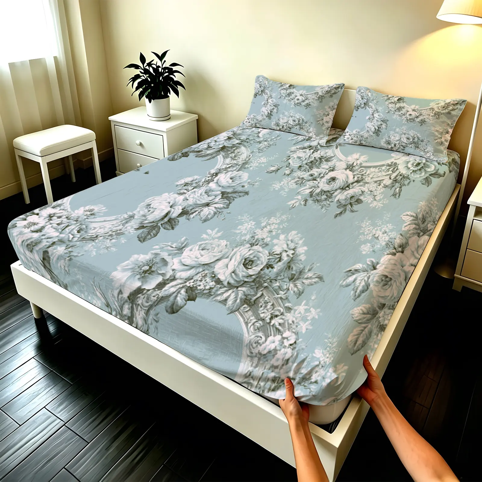 3pcs Fitted sheet Trending 2024 Vintage Shabby Chic Grey Blue Floral Print Bedding Set, Bedding Sheets, Soft Microfiber Wrinkle Resistant Fade Proof Breathable Fitted Sheet Set, Fits Twin Full Queen King Cal King Size, Perfect for Bedroom Guest Room