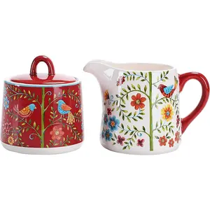 Red Spring Bird Ceramic Sugar and Creamer Set, Sugar Bowl with Lid, Cute Container for Coffee Bar, Kitchen Countertop Accessories, Microwave and Dishwasher Safe