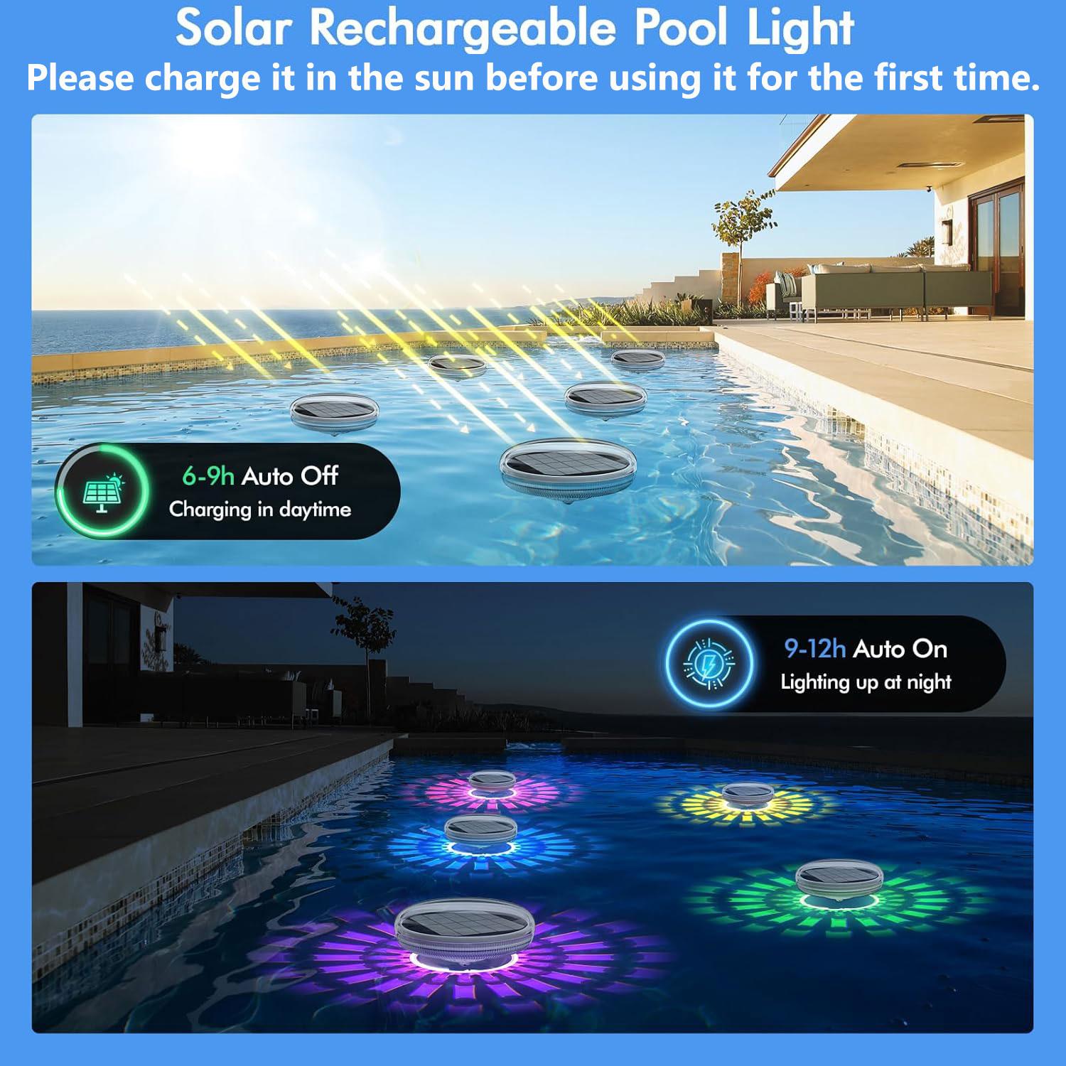 Solar Rechargeable Floating Pool Light with Remote, 9 LED Lighting Modes, Ipx7 Waterproof, Ideal for Indoor Pools and Spa Parties