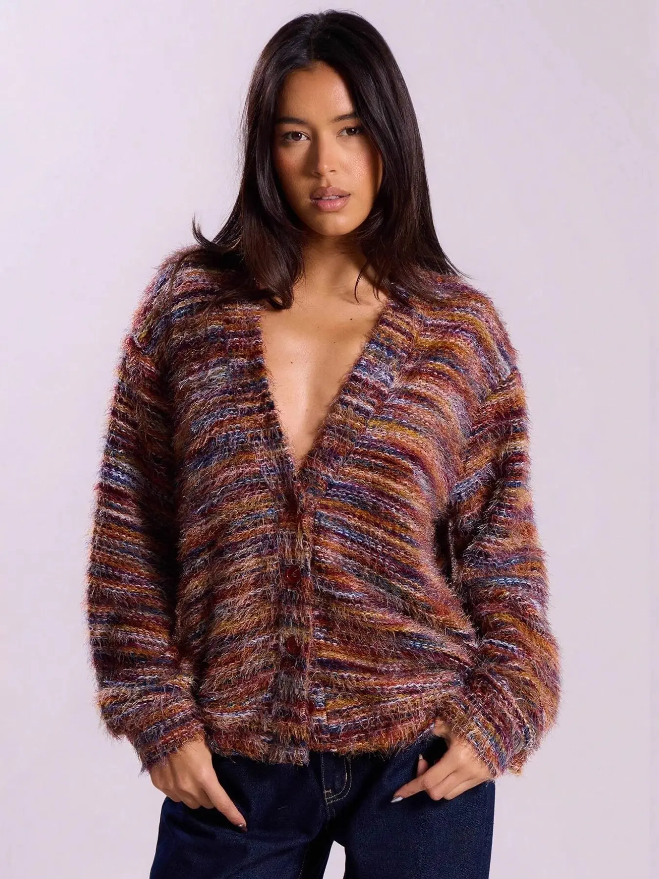Women's Vintage Multicolor Gradient Fuzzy Knit Cardigan, Loose Fit Lazy V Neck Long Sleeve Soft Sweater Coat, Autumn Winter Colorful Blend