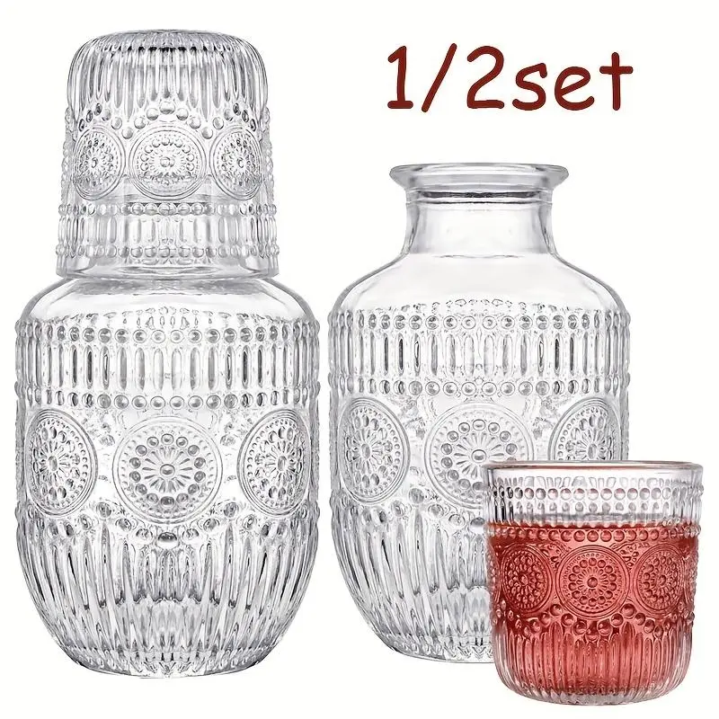 Glass Bedside Water Bottle and Cup Set with Lid, Elegant Glass for Bedroom, Guest Room, Office or Bathroom, Gift Idea, Drinking Glasses, Drinking Glassware