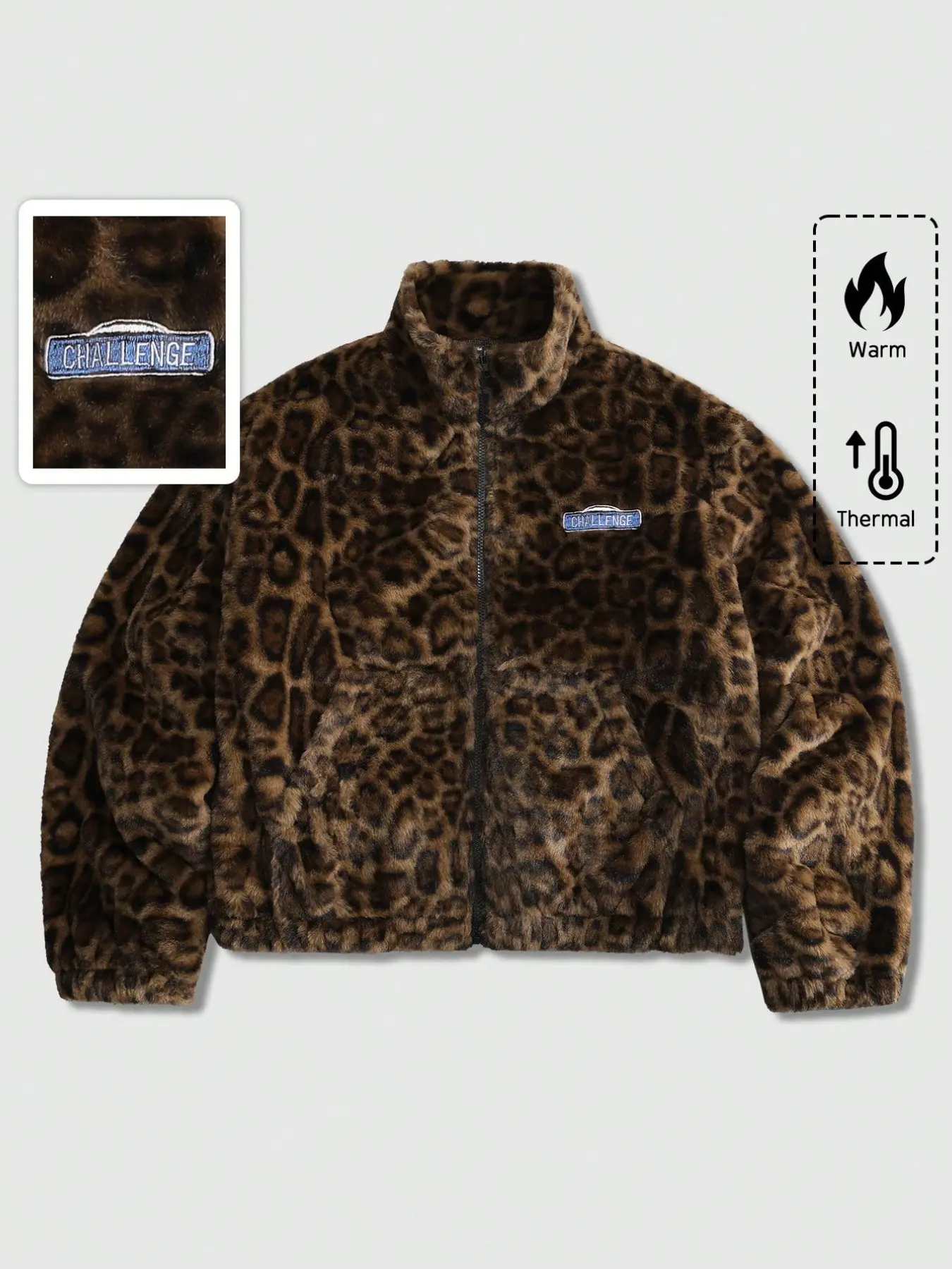 Y2K Vintage Leopard Print Men Fuzzy Fleece Zip Up Jacket Stand Collar CHALLENGE Embroidery Patch Cropped Boxy Thermal Warm Windproof Soft Faux Fur Oversized Plush Coat With Side Pockets For Fall Winter Streetwear Skate Club Night Daily Casual Festival Out
