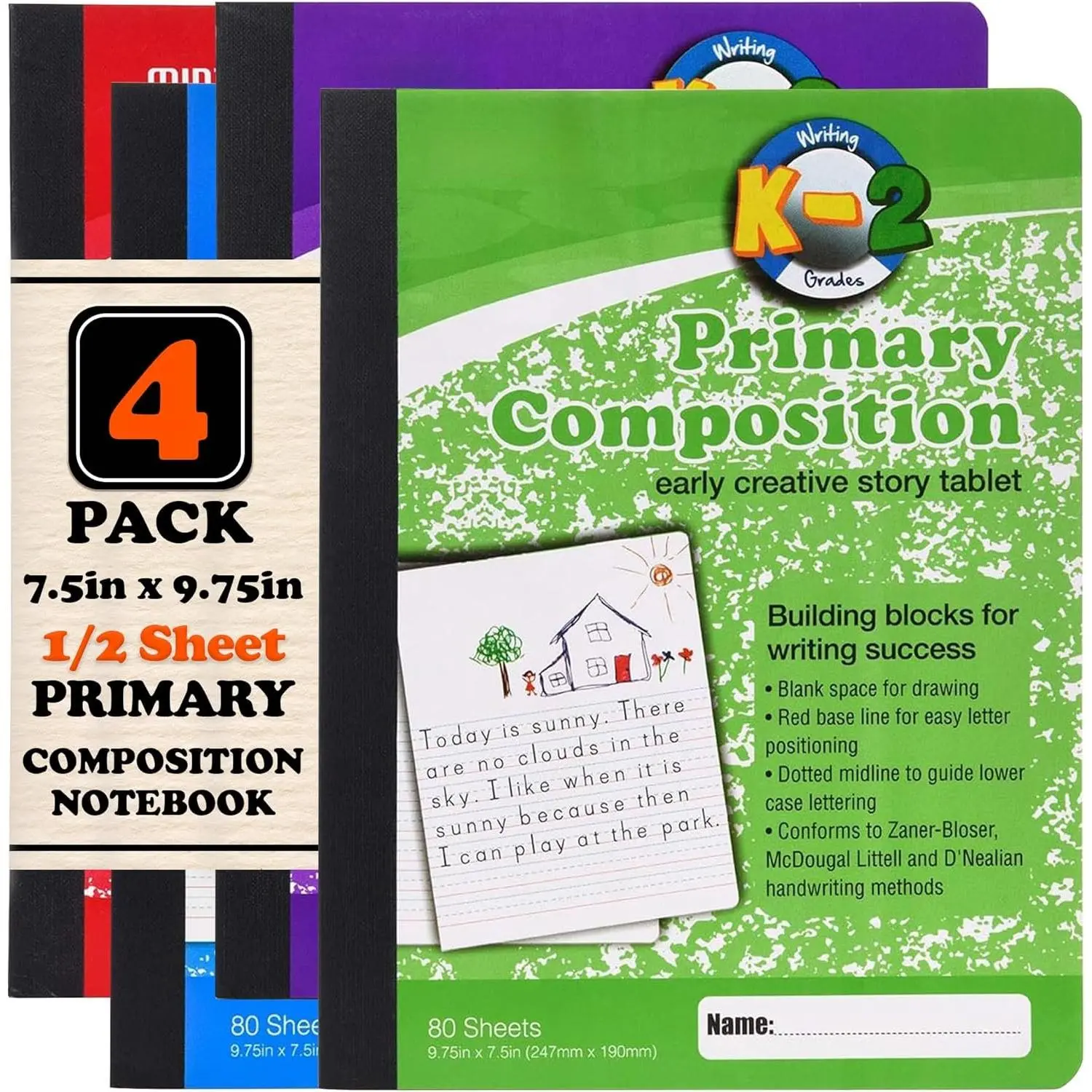 Primary Composition Notebook, 4 Pack,  Colors 80 Sheets, 7.5in x 9.75in, 1/2 Sheet, Ruled with Drawing Area, Flexible Hardcover Journal, Grades K-2, School &  Use