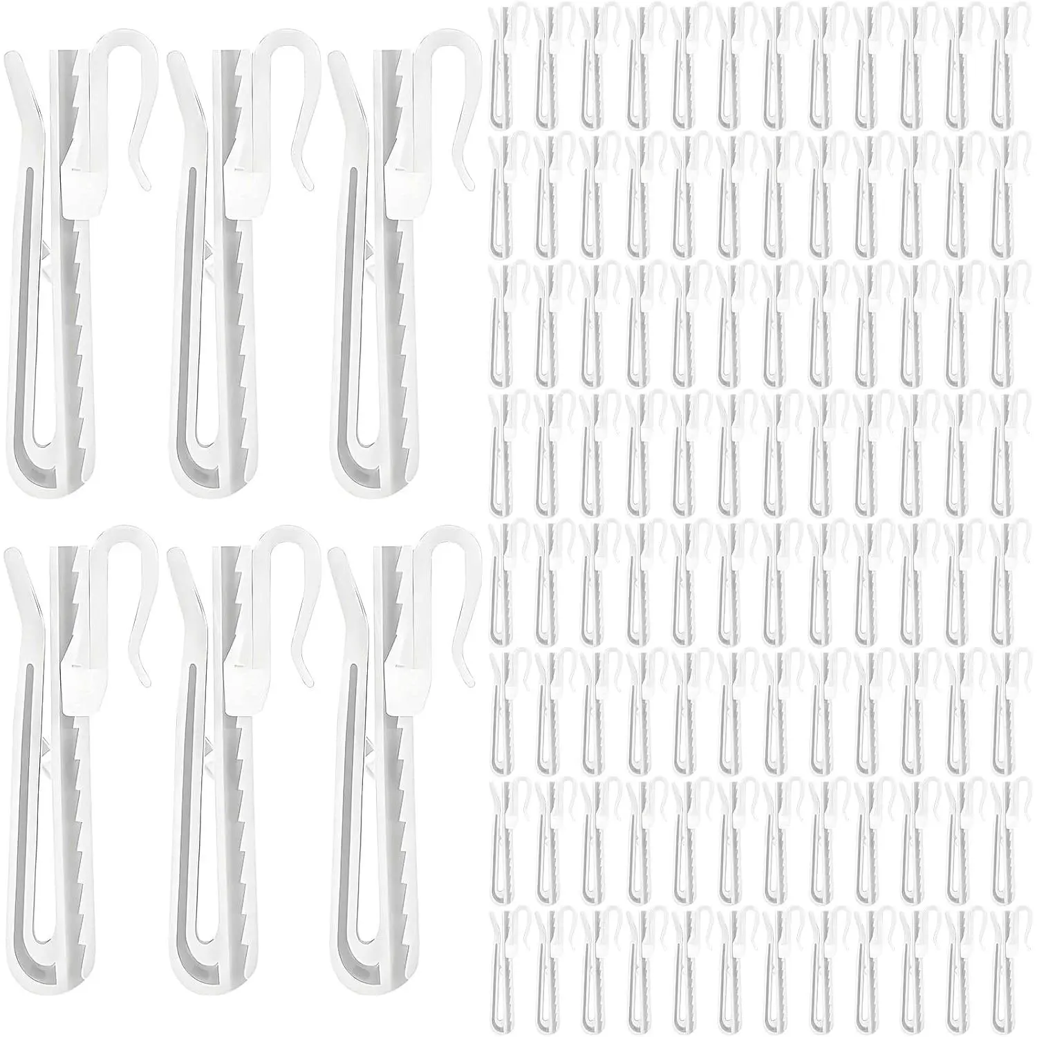 150 Pack Plastic Curtain Hooks | 3.54 Inch Pinch Pleat Hooks, Adjustable Ratchet System Drapery Hooks for Window Curtain, Door Curtain, Shower Curtain, White