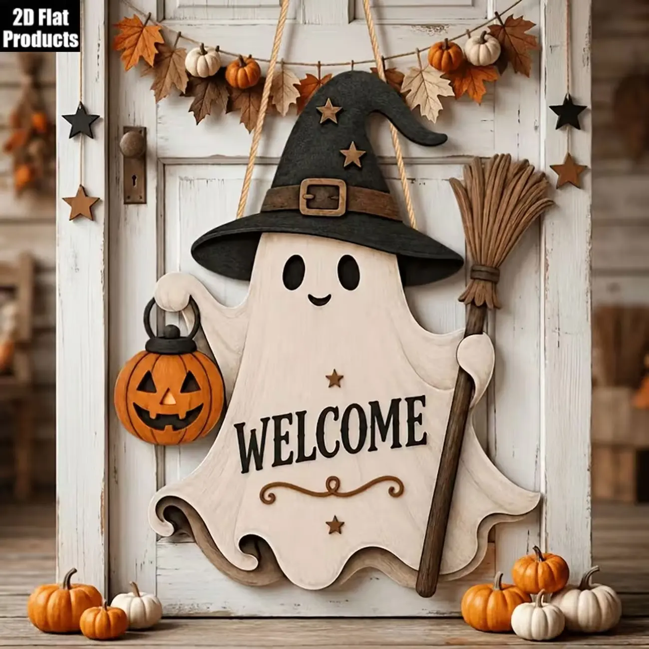 Wooden Halloween Door Hanger Cute Ghost Welcome Sign with Witch Hat Decoration, Front Door Hanging Sign for Home Porch Decor