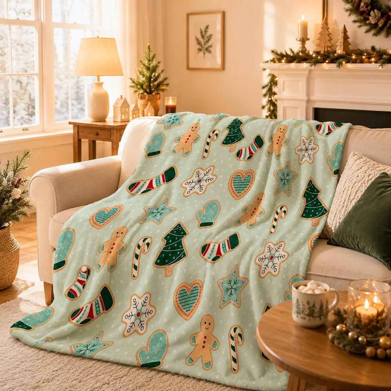 Christmas Frosted Cookie Blanket, Comfortable Lightweight Polyester Single‑Sided Print Throw, Multi‑Use for Bed and Sofa, Sweet Holiday Gift for Young Adults, Decorative Sofa Blanket