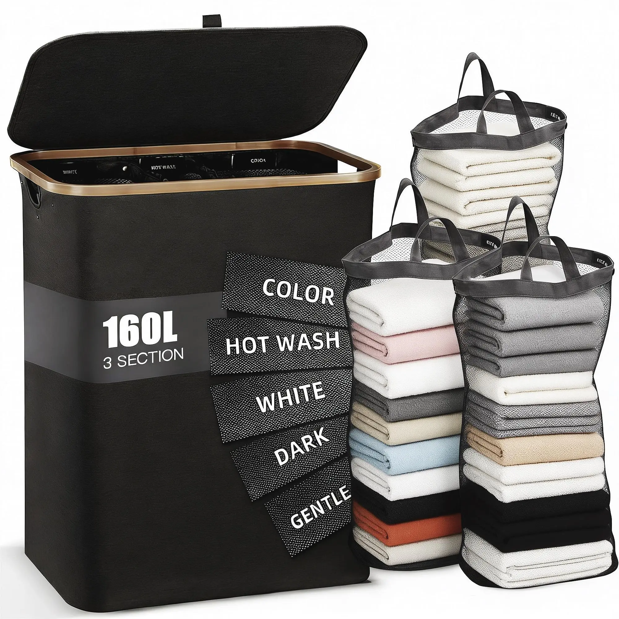 3-Section 160L Laundry Hamper with Lid & Sturdy Handle Easy Carry Organizer for Bedroom Laundry Room 140L capacity Practical for Bedrooms and Laundry Rooms