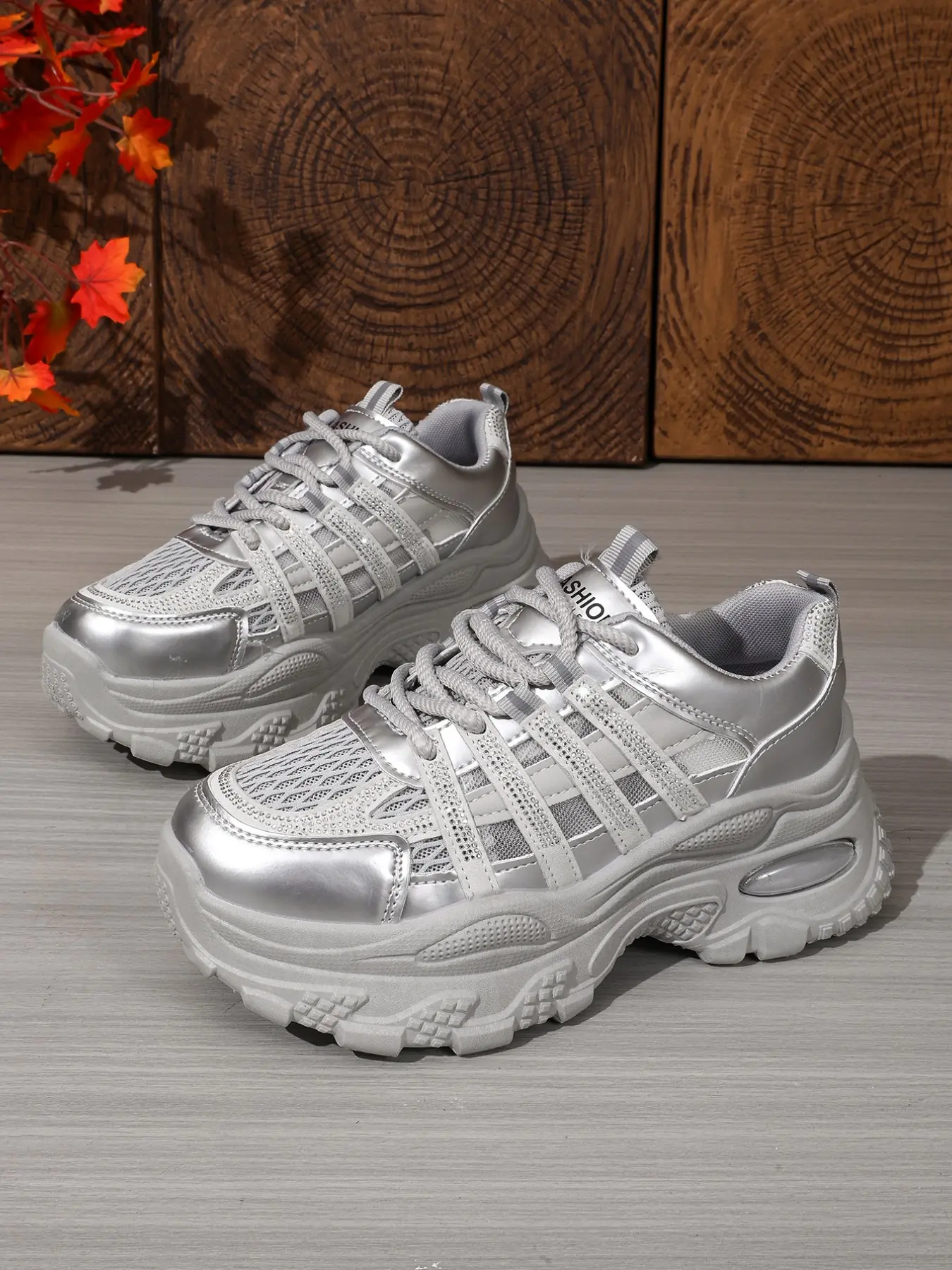 Hollow Mesh Air Cushion Platform Sneakers, Lace Up Breathable Summer Chunky Dad Shoes for Women, White & Silver Available