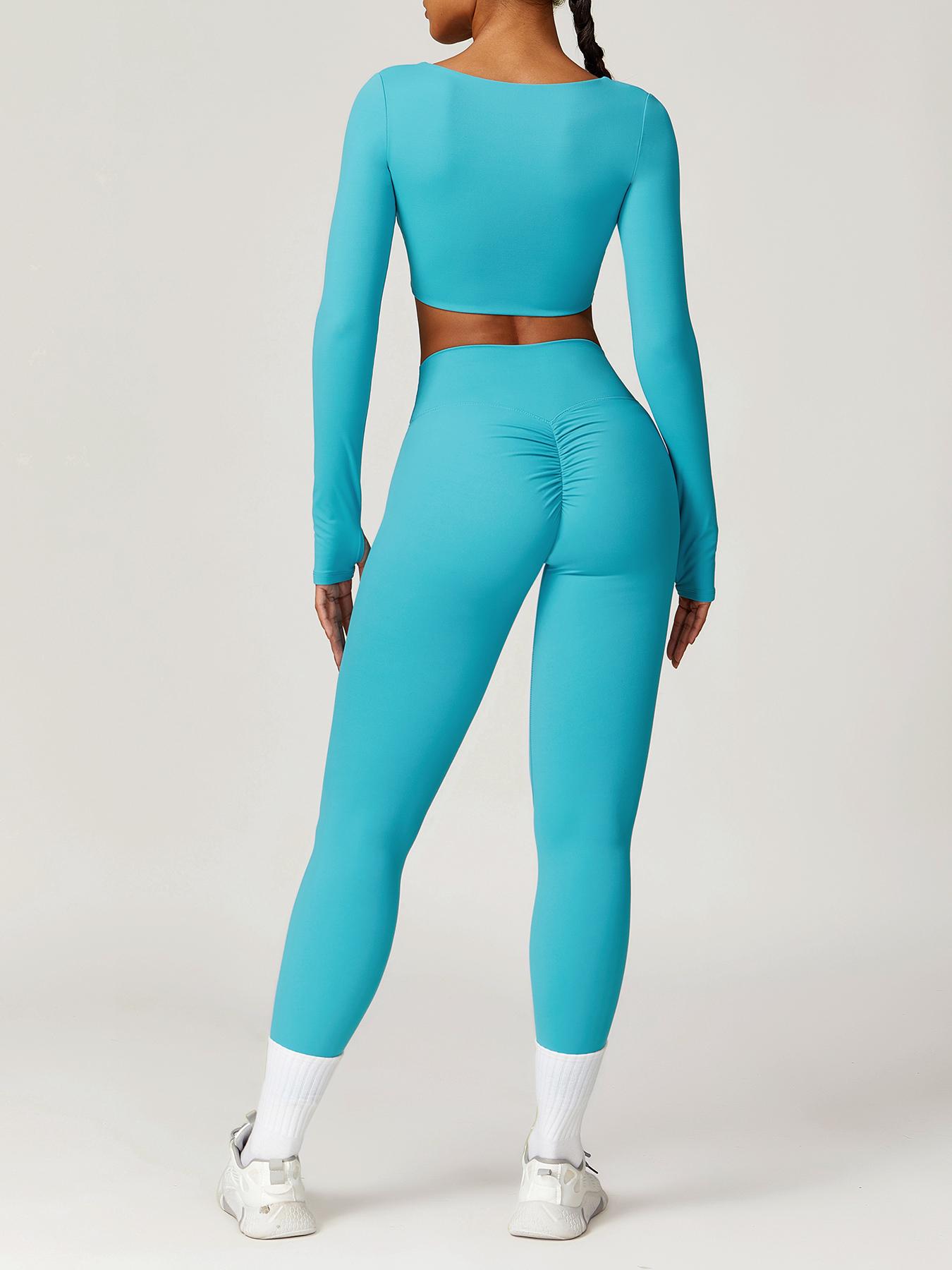 TIMEOFF Jinammonia fabric skin-friendly soft quick-drying breathable Women's Butterfly-shaped Pleated Low-cut Long-sleeved High-waist Hip-lifting Trousers Yoga suit Outdoor Running and Cycling Fashion suit Gym Sports Training All-match Long-sleeved Trouse