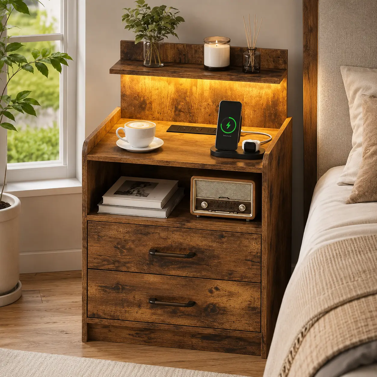 Modern Wooden Bedside Table - LED-Lit Nightstand with Charging Ports, Drawer Storage Compartments for Bedroom Corners