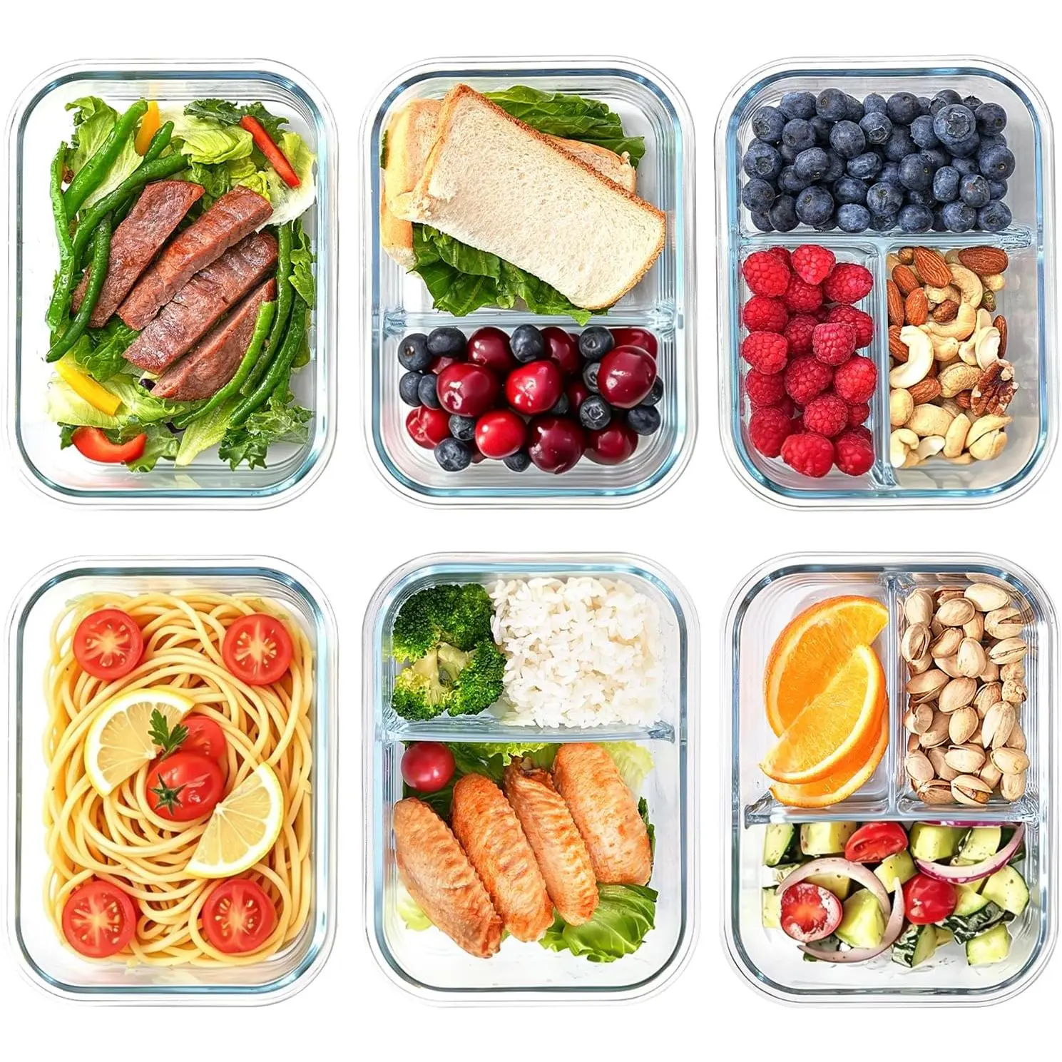 6 Pack Glass Storage Containers with , 1 & 2 & 3 Compartments | 6-Pack Divided Glass  Storage Containers, Airtight Leakproof, , Microwave/Dishwasher/Freezer Safe, Stackable