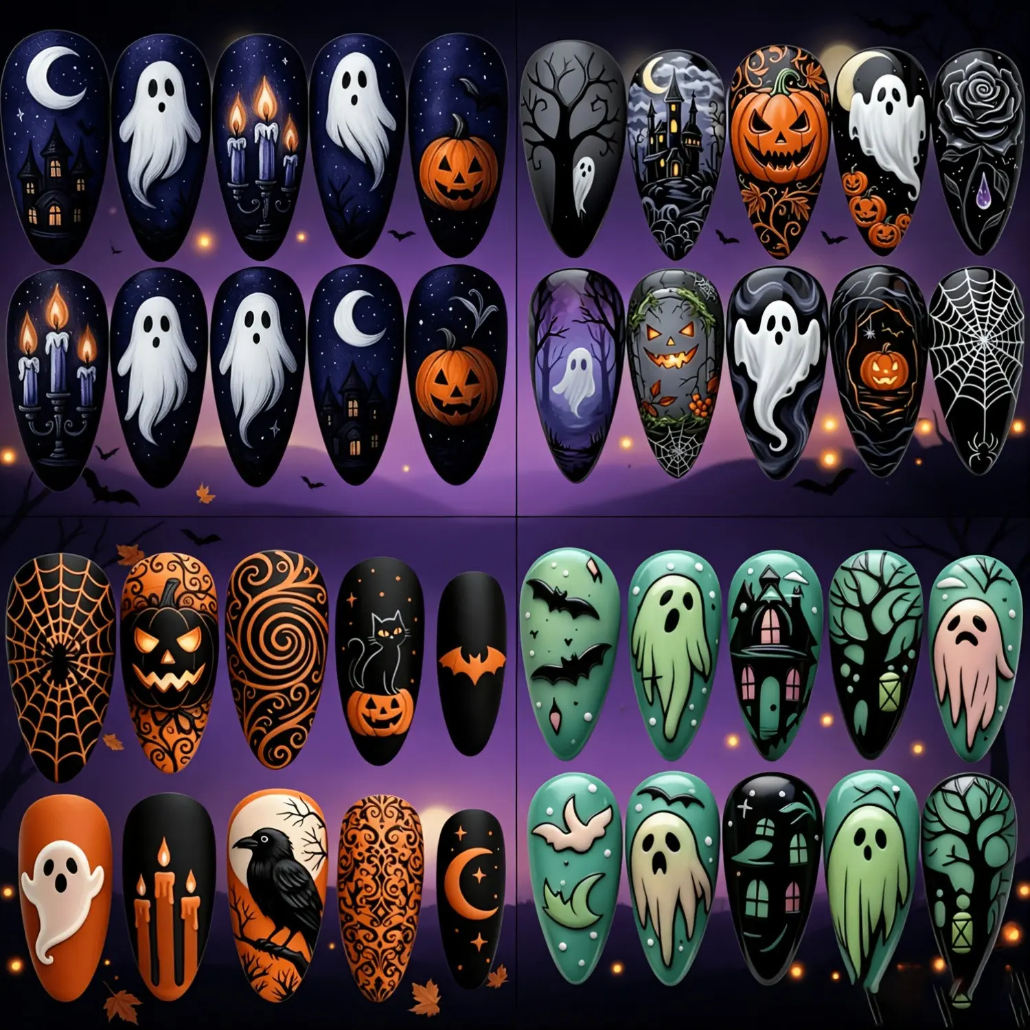 120pcs Short Almond Halloween Ghost Press-On Nails, Nail Set, Glossy Full Coverage Removable False Nails, Perfect for Women's Daily Use and Party Events