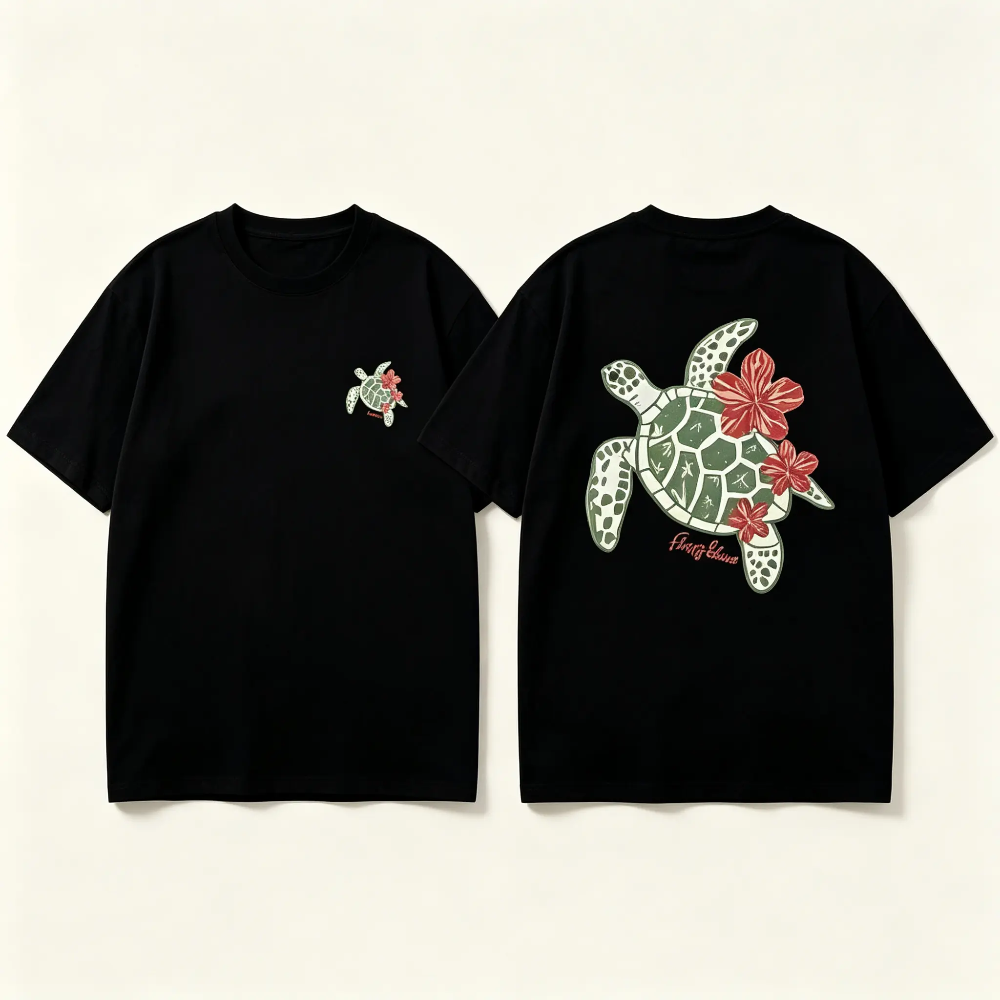 Sea Turtle Hibiscus Double-Sided Graphic Tee for Girls Black Cotton T-shirt Summer Casual Beach Vacation Top