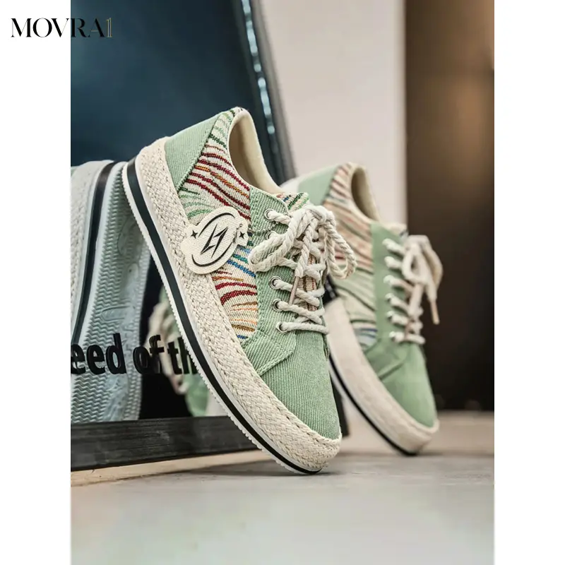MOVRA1 Men's Low-Cut Retro Colorful Pattern Patchwork Skateboarding Sneakers - Straw Bottom, Hemp Rope Laces, Tag Design, Versatile for Daily Commute - Walking Shoes, Sports Shoes, Footwear