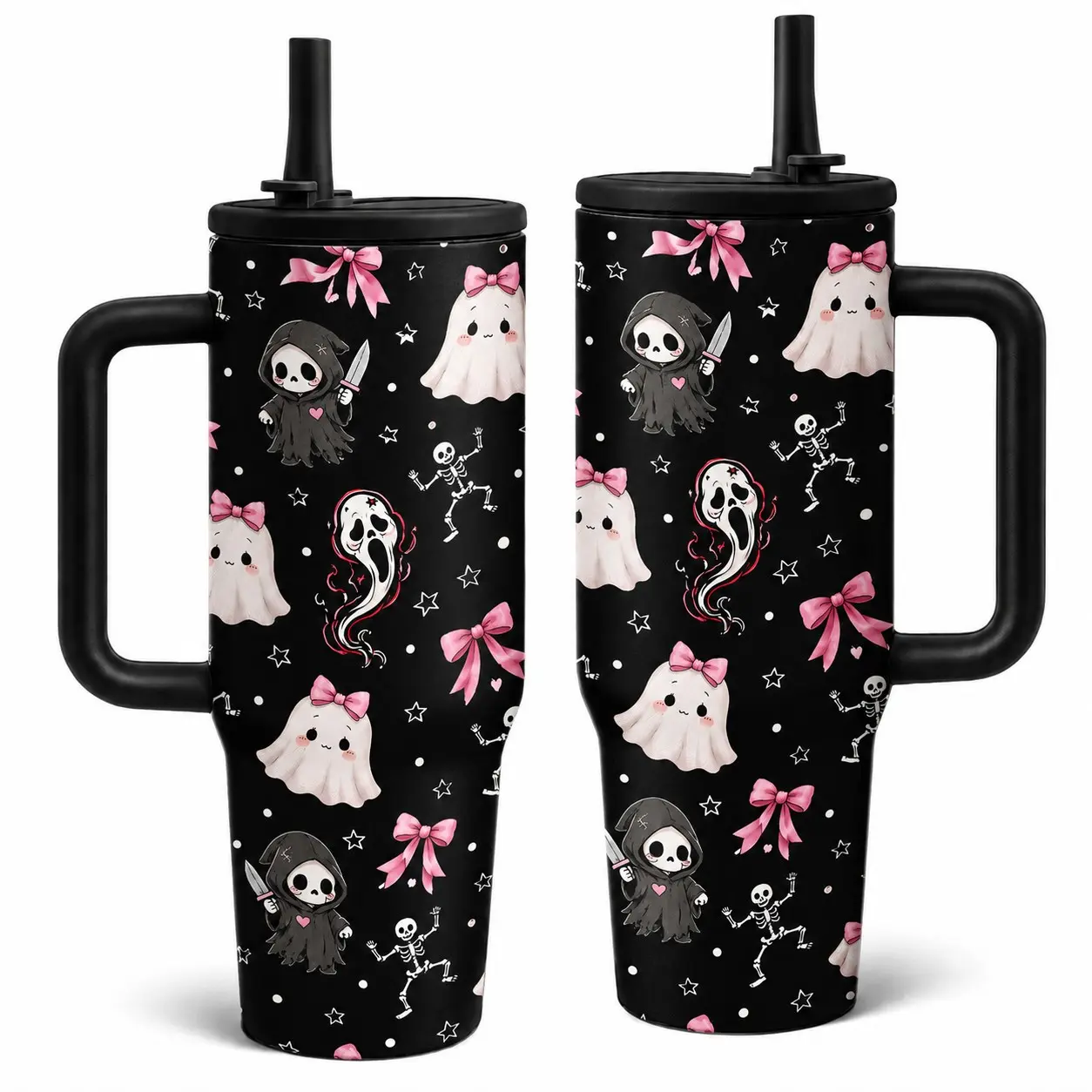 1PC Coquette Halloween 40oz Vacuum Insulated Drink Tumbler With Handle Lid Straw, Pink Bow Cute Ghost Skeleton Horror Face Insulated Stainless Steel Travel Cup, Spooky Season Gothic Stylish Coffee Mug Gift For Women Car Office Travel