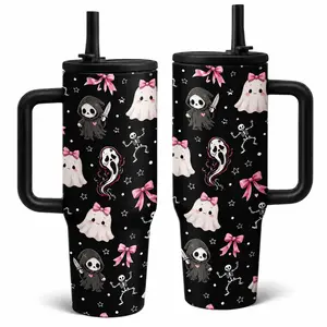 1PC Coquette Halloween 40oz Vacuum Insulated Tumbler With Handle Lid Straw, Pink Bow Cute Ghost Skeleton Horror Face Insulated Stainless Steel Travel Cup, Spooky Season Gothic Coffee Mug Gift For Women Car Office Travel