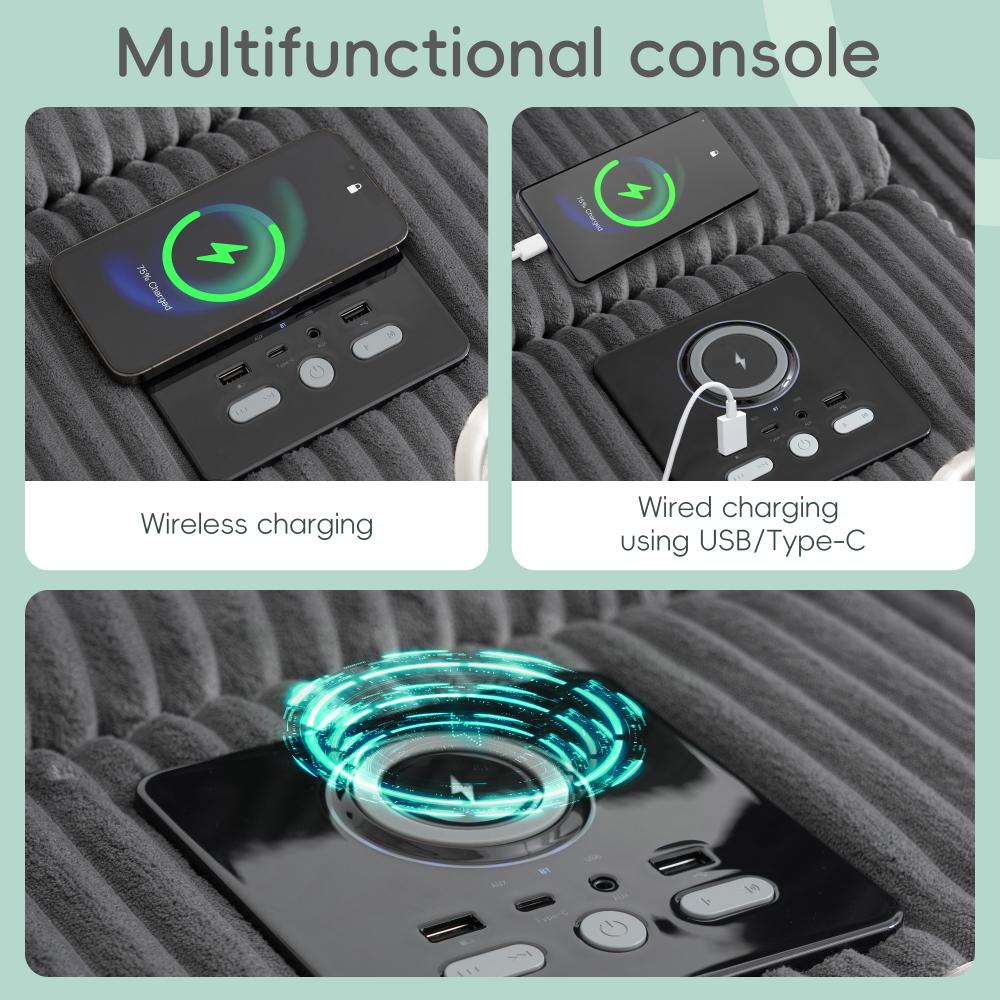 112'' Corduroy Sectional Sofa with Bluetooth Speakers, L-Shaped Couch with Console, USB Charger, Cup Holders, Storage, Ottoman, Deep and Wide Seat Cloud Sofa for Living Room & Apartment