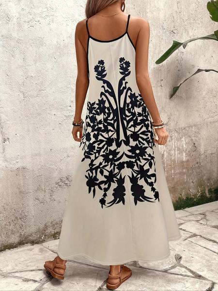 Women's casual seaside vacation loose spaghetti strap V-neck long printed dress, perfect for going out or wearing on the beach