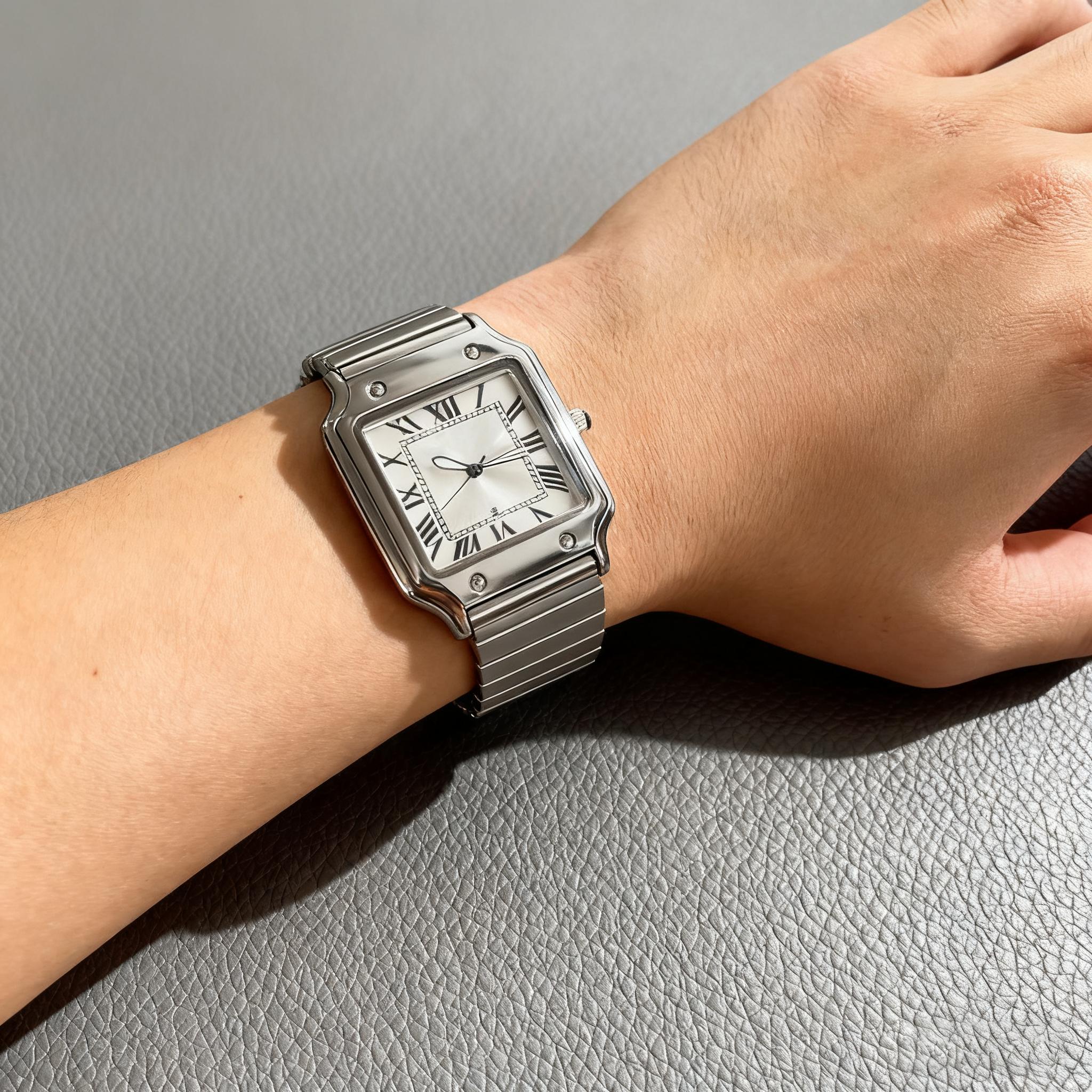 Unisex Classic Square 33mm Analog Dial Quartz Drive Silver Watch, Stainless Steel Strap, Date Display, Water-Resistant Casual Wristwatch for Women Men