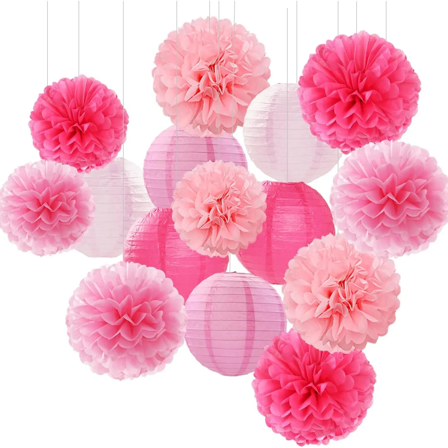 15-Pcs Pre-Folded Colorful DIY Light Hot Pink Party Decoration Pack - Paper Flower Lanterns, Tissue Pom Poms, Streamers, Backdrop Ornaments, Hanging Props for Girl Birthday, Wedding Home Supplies