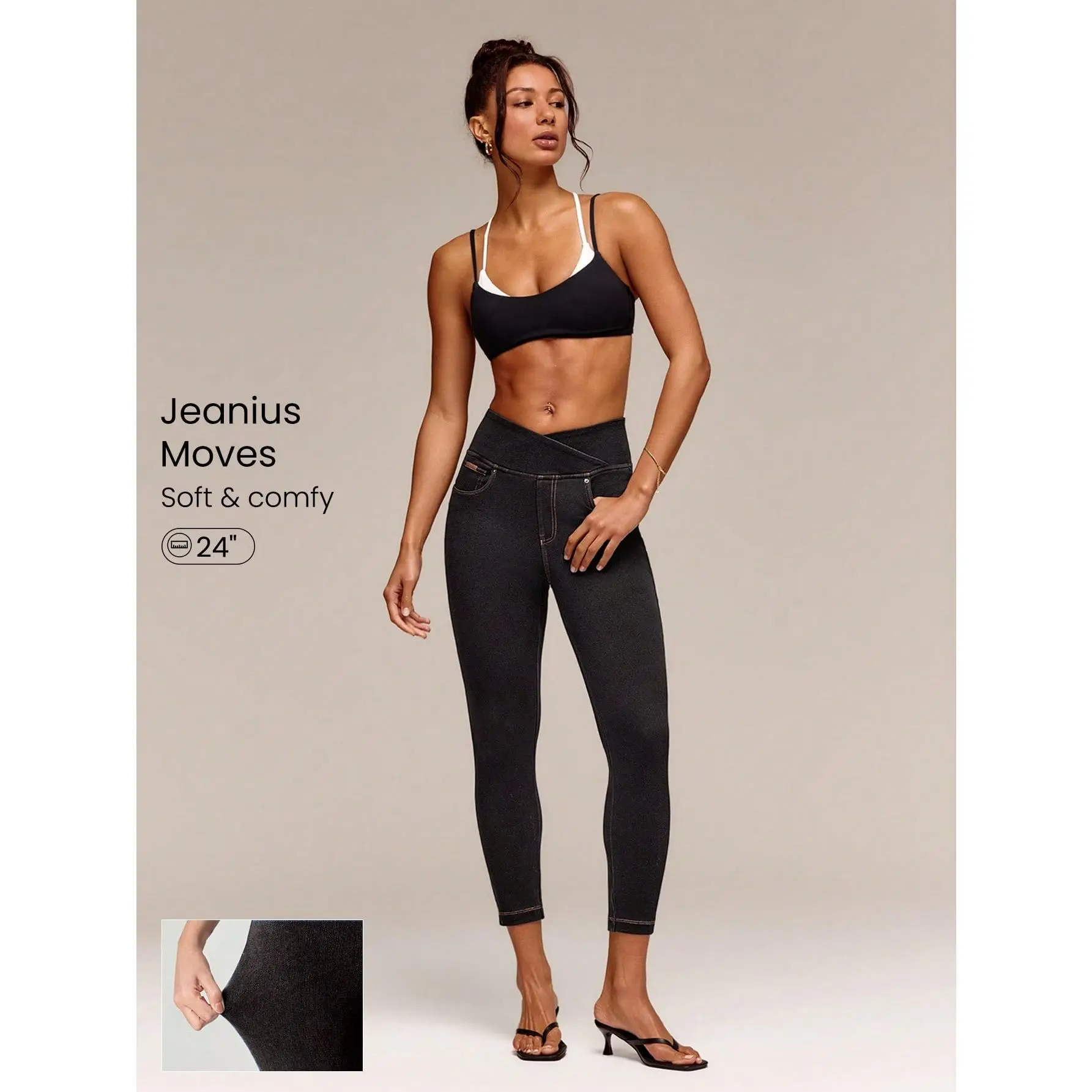 GLOWMODE 24" Jeanius Moves Faux Flow Faux Denim Stretchy Lightweight Butt-Lifting Skinny Jeans With Crossover Waistband Multi-Pocket Daily Casual Wear