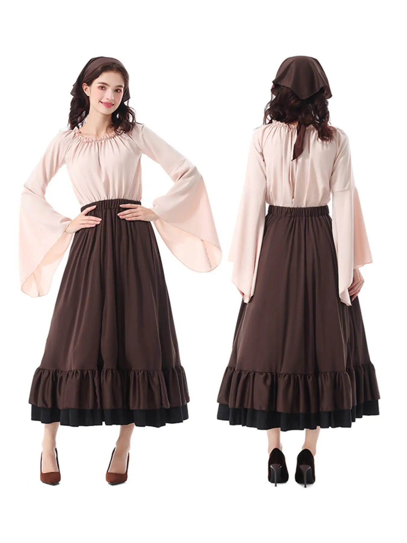 Medieval Retro Ruffled Pirate Costume Women's Caribbean Party Long Dress Halloween Outfit With Headscarf