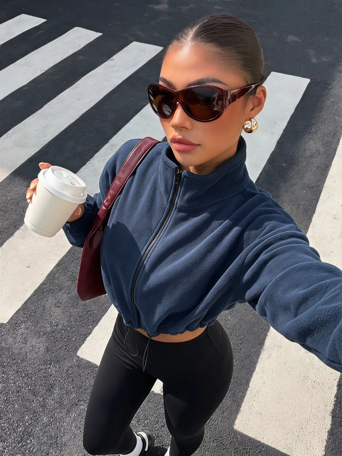 Navy Blue Fleece Cropped Zip Up Jacket, Stand Collar Drawstring Hem Loose Oversized Long Sleeve Outerwear, Casual Streetwear Women Coat