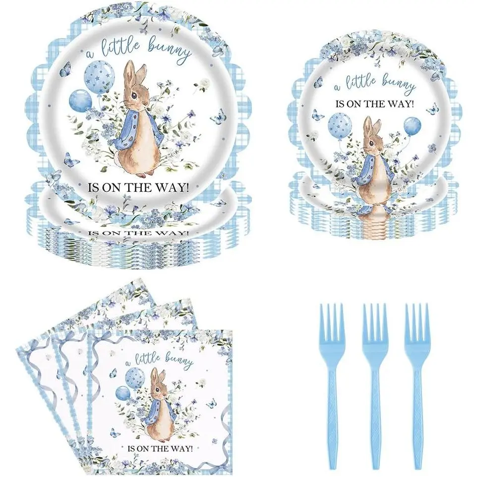 Bunny Baby Shower Easter Party Tableware Set 96 Pcs Disposable Plates Napkins Forks Baby Shower Boys Blue Flowers Rabbit Easter Party Decorations Serve 24 Guests