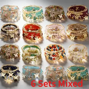 6 Sets Boho Vintage Stackable Beaded Bracelets, Multicolor Glass Beads with Golden Star Butterfly Charms, Women Teen Daily Festival Jewelry Gift
