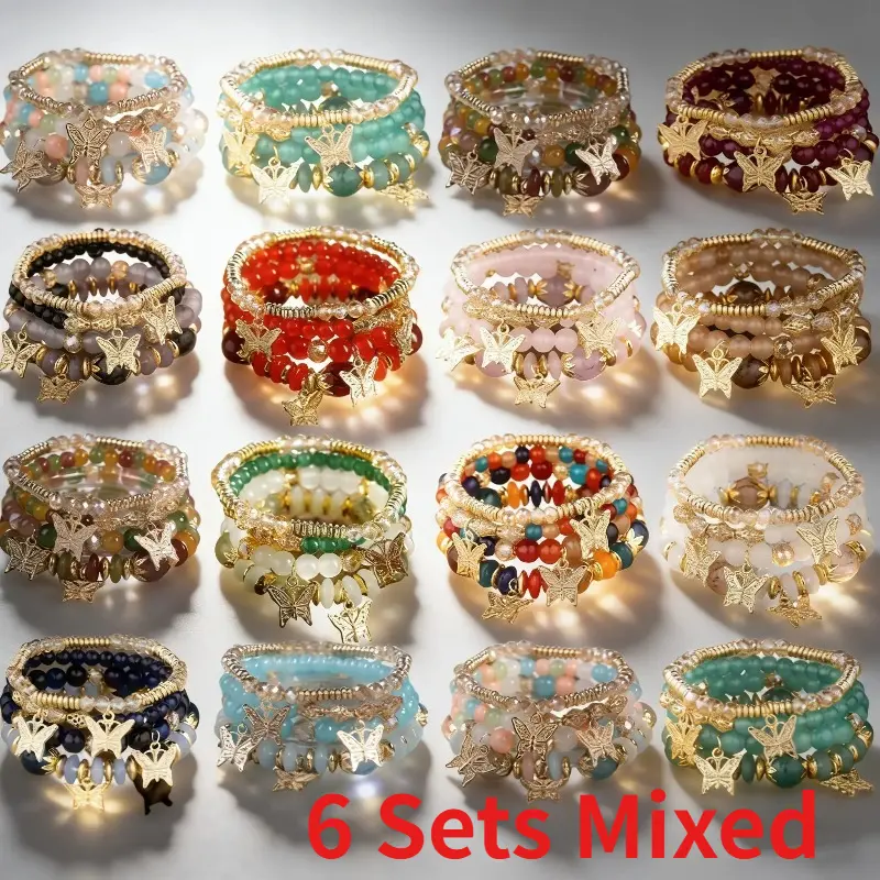 6 Sets Boho Vintage Stackable Beaded Bracelets, Multicolor Glass Beads with Golden Star Butterfly Charms, Women Teen Daily Festival Jewelry Gift