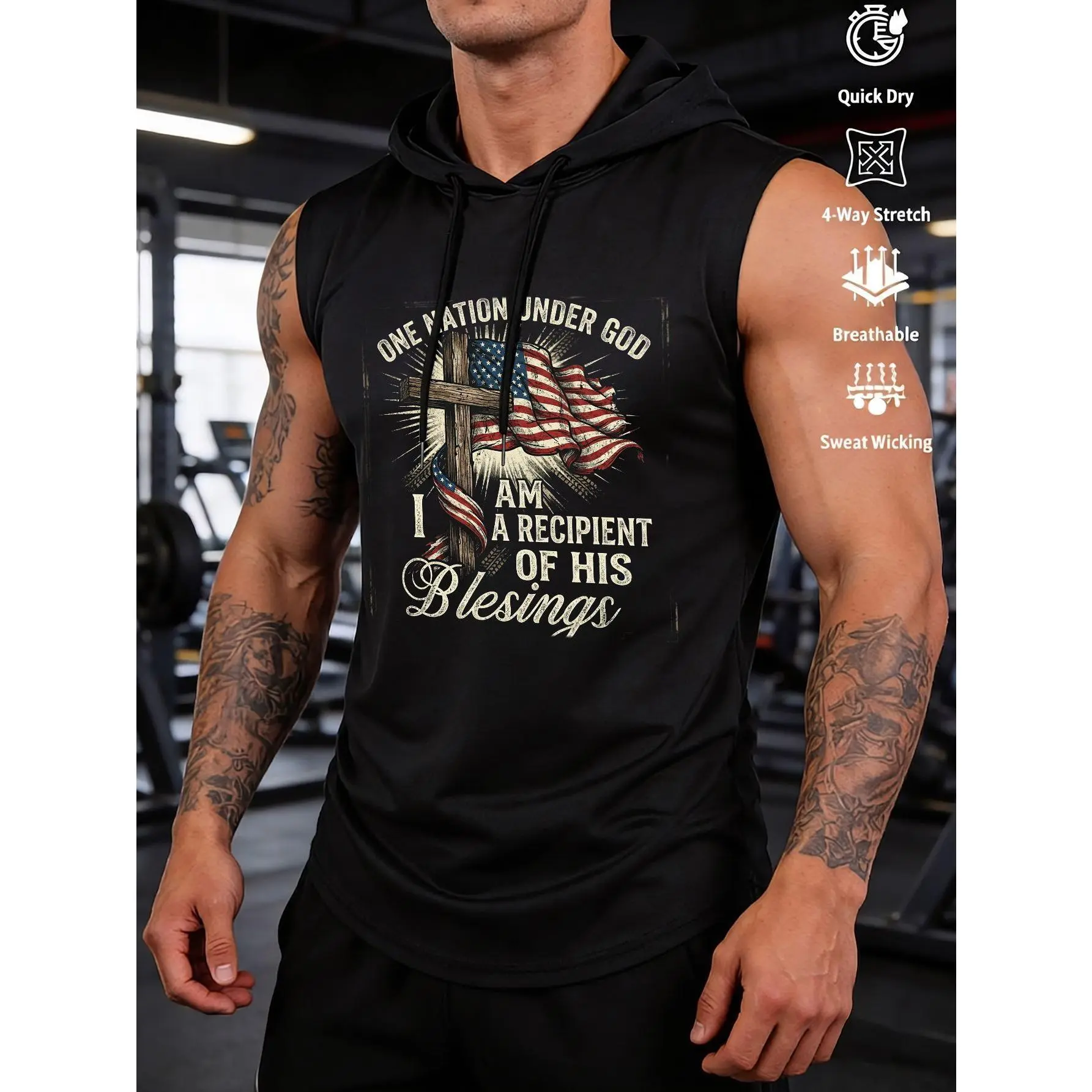 Men'S Printed Hooded Tank Top - Muscle Gym Workout Sleeveless Hoodie| American Flag Cross Patriotic Religious Design with 'One Nation Under God' Quote - Quick Dry 4-Way Stretch Breathable Sweat Wicking Fabric