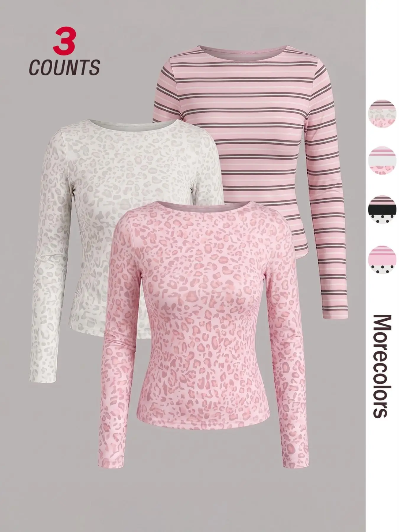 3‑Pack Women's Leopard Stripe Crew Neck Long‑Sleeve Tops, American Hot‑Girl Slim‑Fit Figure‑Flattering Layering Shirts, Casual Slim Fitted